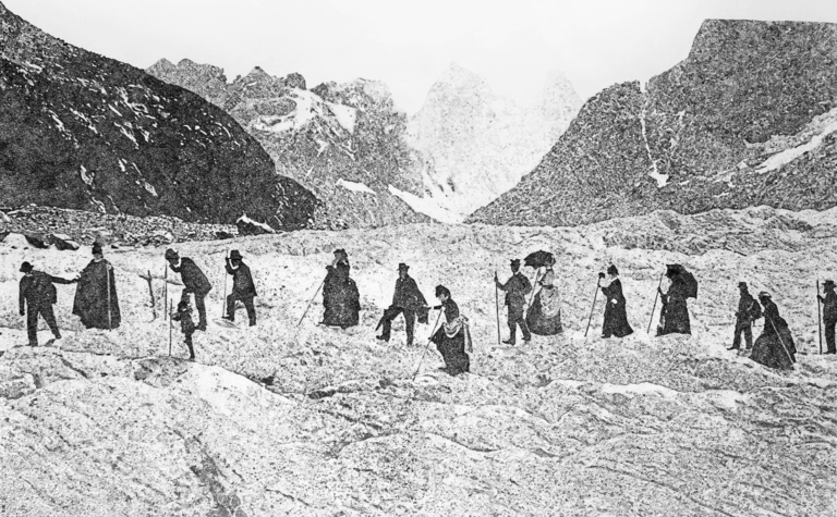 Dessin pointilliste Voyageurs victoriens sur le glacier de Chamonix de Rebecca Brueder