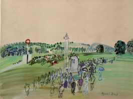 Les courses à Deauville, vers 1929. Dufy remporte un grand succès avec ses champs de courses à Deauville, où il séjourne régulièrement dans les années 1930.
