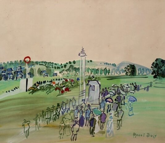 Les courses à Deauville, vers 1929. Dufy remporte un grand succès avec ses champs de courses à Deauville, où il séjourne régulièrement dans les années 1930.