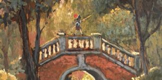 Peinture d’Alexandre de Broca représentant un pont dans un jardin parisien