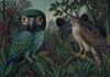 Illustration d’un perroquet, d’un rapace et d’un ours au cœur d’une forêt dense