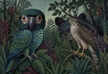 Illustration d’un perroquet, d’un rapace et d’un ours au cœur d’une forêt dense