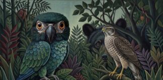 Illustration d’un perroquet, d’un rapace et d’un ours au cœur d’une forêt dense