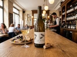 Sur la table, figure une bouteille de vin du domaine RLK dont l'étiquette a été réalisée par un artiste français None Futbol Club
