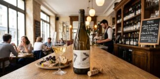 Sur la table, figure une bouteille de vin du domaine RLK dont l'étiquette a été réalisée par un artiste français None Futbol Club