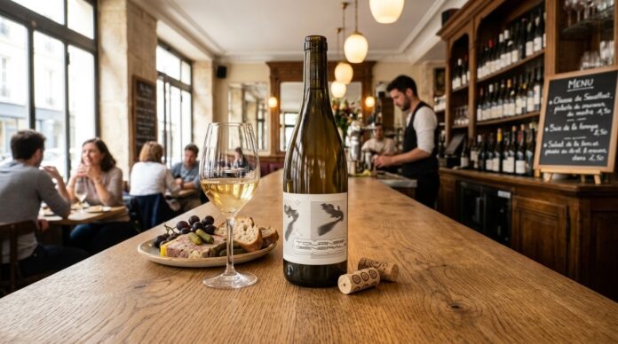 Sur la table, figure une bouteille de vin du domaine RLK dont l'étiquette a été réalisée par un artiste français None Futbol Club